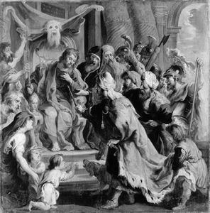 Cambyses II appointing Otanes as judge in place of his flayed father Sisamnes, after a painting by Peter Paul Rubens. The skin of his father appears above the seated Otanes.[5]