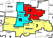 An example of "cracking" style of gerrymandering. The urban (and mostly liberal) concentration of Columbus, Ohio, located at the center of the map in Franklin County, is split into thirds, each segment then attached to—and outnumbered by—largely conservative suburbs.