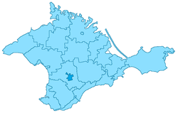 Simferopol (pink) on a map of Crimea (lime green).