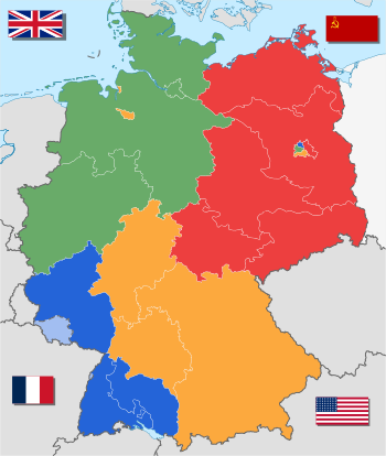 Post-Nazi German occupation borders and territories from 1945 to 1949. British (green), French (blue), American (orange) and Soviet (red) occupation zones. Saar Protectorate (light blue) in the west under the control of France. Berlin is the quadripartite area shown within the red Soviet zone. Bremen consists of the two orange American exclaves in the British sector.