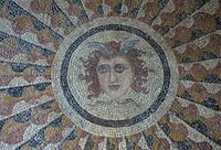 Central motive of the "Medusa" mosaic, 2nd century BCE, from Kos island, in the palace of the Grand Master of the Knights of Rhodes, in Rhodes city, island of Rhodes, Greece.