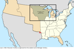 Map of the change to the United States in central North America on July 3, 1836