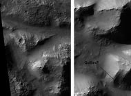 Atlantis Chaos, as seen by HiRISE. Click on image to see mantle covering and possible gullies. The two images are different parts of the original image. They have different scales.