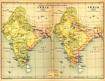 الهند عام 1765 و1805 أراضي شركة الهند الشرقية باللون القرمزي.
