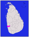 Area map of Colombo District, roughly rectangular in shape and extending inwards from the west south west coast in the Western Province of Sri Lanka