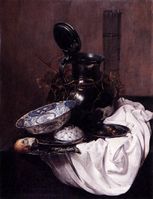 Jan Jansz. Treck (1606-1652) Still Life with wanli porcelain, pewter jug, drinking glass, olives and napkin 1645, Museum of Fine Arts (Budapest)