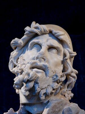 Stone image of the head of a man, showing signs of erosion due to age. The most striking feature is the heavily coiled beard and hair. The eyes are looking sightlessly upwards