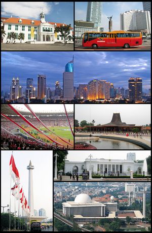 من أعلى، من اليسار إلى اليمين: بلدة جاكرتا القديمة، دوار فندق إندونيسيا، أفق جاكرتا (أعلى)، Gelora Bung Karno Stadium, Taman Mini Indonesia Indah, مونومن ناسيونال، قصر مرديكا، مسجد الإستقلال