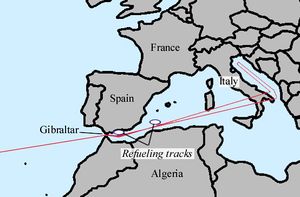 Diagram of the route which would be taken by nuclear bomb-carrying B-52s to enemy countries. It follows the Mediterranean Sea, passing over Italy, before turning north over the Adriatic Sea.