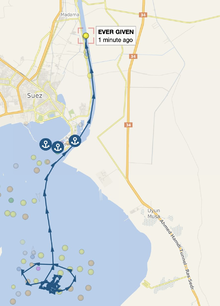 خريطة توضح موقع الحاوية إيڤر گيڤن بعد جنوحها في قناة السويس، 24 مارس 2021