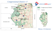 Another example of Illinois gerrymandering is the 17th congressional district in the western portion of the state. Notice how the major urban centers are anchored and how the Decatur is nearly isolated from the primary district.