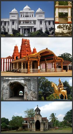 Clockwise from top: Jaffna Public Library, the Jaffna-Pannai-Kayts highway, Nallur Kandaswamy temple, Jaffna Fort, Sangiliyan Statue, Jaffna Palace ruins