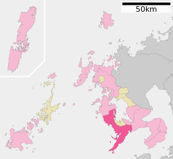 Map of Nagasaki Prefecture with Nagasaki highlighted in pink