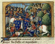 The French soldiers started to use white crosses, during the Hundred Years' War, to distinguish themselves from the English soldiers wearing red crosses.
