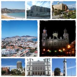 Views of Las Palmas, clockwise from top: Las Canteras beach, Canaria local government centre, Alfredo Kraus hall, Santa Ana cathedral by night, lighthouse in Las Palmas port, Perez Galdos theater, view of downtown Las Palmas