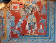 After the fall of Teotihuacan, several sites of central Mesoamerica flourished. Some of them, like Cacaxtla, reveal a remarkable Mayan influence, as seen in this reproduction of the murals in the city.