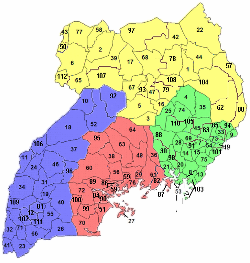 خريطة حساسة لمقاطعات أوغندا (111 مقاطعة+العاصمة كامپالا).