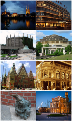 Top to bottom, left to right: Ostrów Tumski by night, Renoma mall, Rotunda of Racławice Panorama, Centennial Hall, City Hall, Monopol Hotel, Wrocław's dwarfs, Main Station