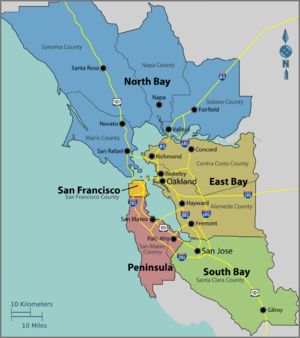 A map demarcating the boundaries of the nine-county Bay Area and the five subregions within.