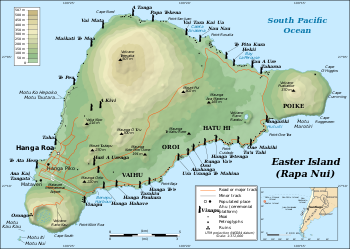 جزيرة عيد الفصح توضح ترڤاكا، پوئكه، رانو كاؤ، موتو نوي، اورونگو، وMataveri; major ahus are marked with moai