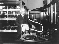 Emile Berliner with disc record gramophone - between 1910 and 1929.jpg