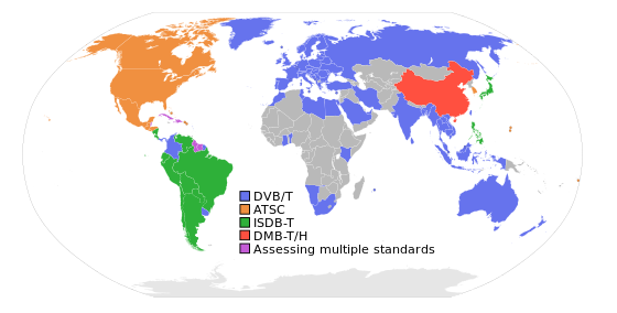 Digital terrestrial television broadcasting systems. Countries using ATSC are shown in orange.