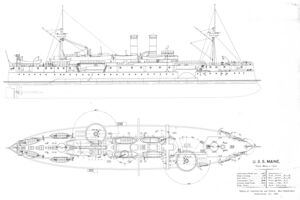 Profile and deck plan drawings of Maine, showing its echeloned turret placement