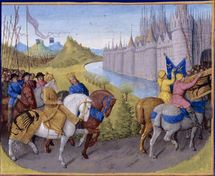 Crusaders riding horses prepare to enter Constantinople, nearby, while another crusader army in the distance also approaches Constantinople.