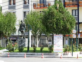 View of the central square of Aridaia with Aggelis Gatsos' statue.