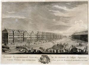 A black-and-white engraving shows a large building along the bank of a river, with numerous people and carriages nearby