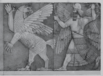 نينورتا (إلى اليمين) يهاجم أنزو (إلى اليسار) ليستعيد "لوح الأقدار". من نقش حجري في معبد نينورتا في نمرود، العراق.