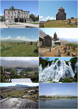 From top left: Sisian Town Hall • Saint Gregory Church of 689 • Zorats Karer archaeological site • Vorotnavank • Vorotan River • Shaki Waterfall • Ughtasar Petroglyphs • Sisian with Mt Mets Ishkhanasar