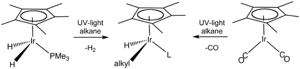 Skeletal formula presentation of a chemical transformation. The initial compounds have a C5H5 ring on their top and an iridium atom in the center, which is bonded to two hydrogen atoms and a P-PH3 group or to two C-O groups. Reaction with alkane under UV light alters those groups.