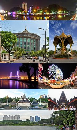 From top, left to right : Surabaya Central Park, Graha SA Surabaya Building, Sanggar Agung Temple, Suramadu Bridge at night, Surabaya Carnival Park, Museum 10 November, one of the Hindus temple in Surabaya (Pura Jagatnatha Perak), and UNESA Lake.