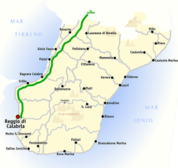 Map of the province of Reggio Calabria, with Reggio Calabria located to the south at the end of the A3 motorway (A3 depicted in green).