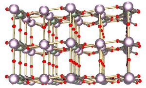 Ball and stick model of cubic-like crystal structure containing two type of atoms.