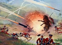 A painting showing the Mysorean army fighting the British forces with Mysorean rockets.[42]