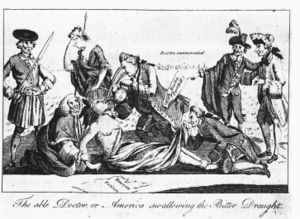 A 1774 etching from The London Magazine, copied by Paul Revere of Boston. Prime Minister Lord North, author of the Boston Port Act, forces the Intolerable Acts down the throat of America, whose arms are restrained by Lord Chief Justice Mansfield while the 4th Earl of Sandwich pins down her feet and peers up her skirt. Behind them, Mother Britannia weeps helplessly.