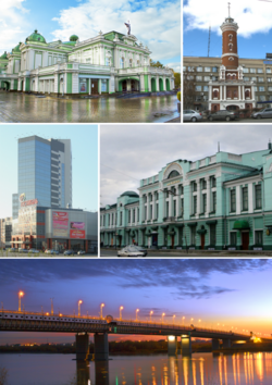 Top:Omsk State Academic Drama Theater, Fire Observation Tower, (left to right) Middle:Omsk Festiwal Complex Center area, Vrubel Fine Art Museum, (left to right) Bottom:60 years Victory Bridge (Most 60 Letiya Pobedy)