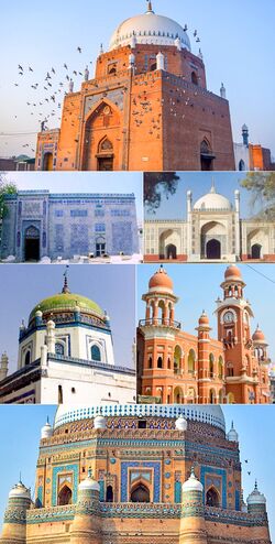 مع عقارب الساعة من أعلى: Shrine of Bahauddin Zakariya, Shahi Eid Gah Mosque, Ghanta Ghar, Tomb of Shah Rukn-e-Alam, Shrine of Shamsuddin Sabzwari, Blue-tiled tomb of Shah Gardez