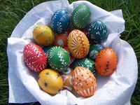 Wax-decorated Easter eggs as made in Ukraine and the Czech Republic.