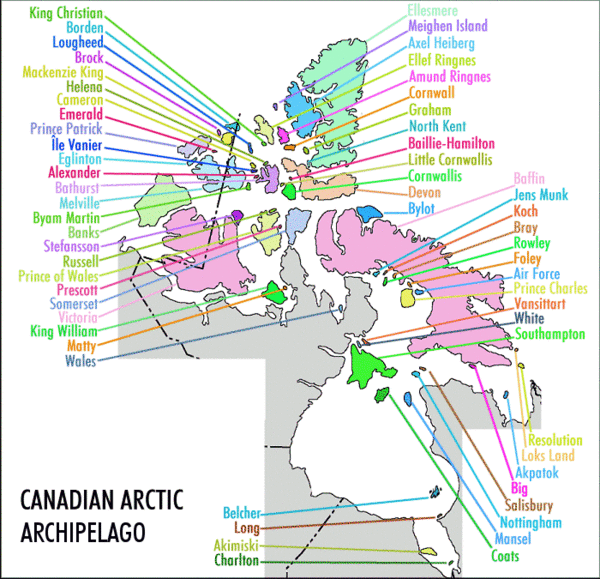 خريطة مرجعية للأرخبيل القطبي الكندي.