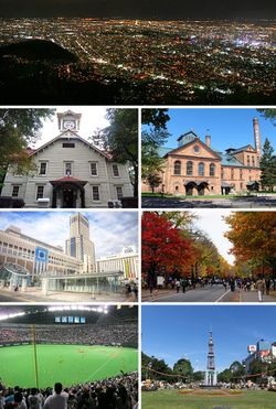 Left to right, top to bottom: Mount Moiwa night view, Sapporo Clock Tower, Sapporo Beer Museum, Sapporo Station, Hokkaido University, Sapporo Dome, and Sapporo TV Tower seen from Odori Park