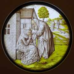 Tobit comforts Anna, stained glass roundel, southern Netherlands, c. 1500