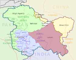 لداخ (باللون القرمزي) كما تبدو في خريطة الجزء الذي تسيطر عليه الهند من كشمير