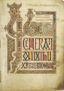 Folio 27r from the Lindisfarne Gospels (700ح. 700) contains the incipit from the Gospel of Matthew
