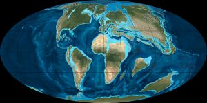 A map of Earth during the Early Paleocene, showing Madagascar separated from Africa, India, and Antarctica; all continents much closer together, India is half way between Madagascar and Asia, and shallow seas cover parts of Europe, Asia, Arabia, and northern Africa