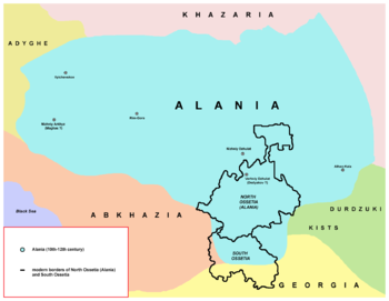 خريطة آلانيا القروسطية (القرن 10-12)، حسب المؤرخ الأوسـِتي رسلان سليمانوڤتش بزاروڤ.