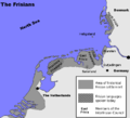 Frisian historical settlement areas, showing areas where a Frisian language is spoken today