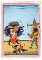 Rama and Hanuman fighting Ravana from Ramavataram, an album painting on paper from Tamil Nadu, c. 1820 CE